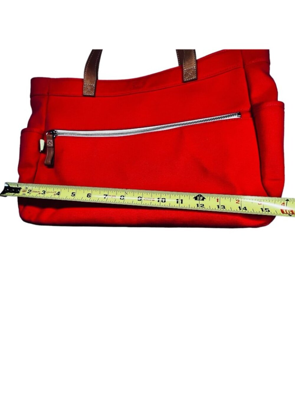 Fossil Orange Coated Canvas Purse Hand Bag Leather Handles Front Zip Pocket Tote - Picture 12 of 13